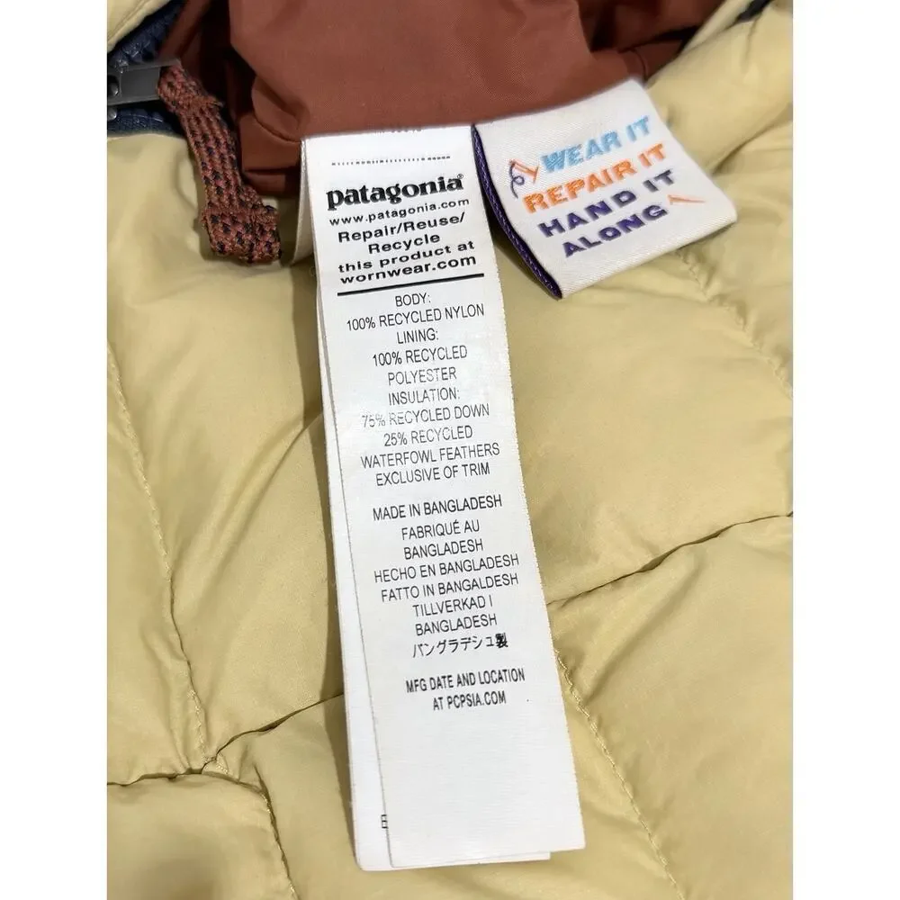 Patagonia Reversible Down Sweater Hoodie Boys Jacket M 10 Navy Brown Pockets